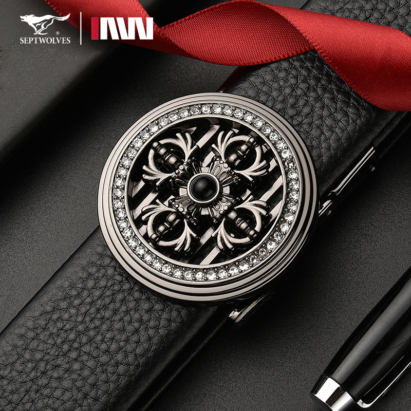 七匹狼男士皮带真皮时来运转转动圆扣头腰带纯牛皮自动扣裤带软皮