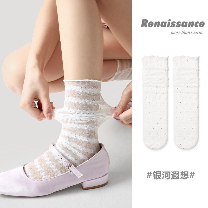 Renaissance清新中筒女袜时尚韩版夏季透气网纱袜珍珠透明堆堆袜