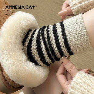 条纹袜子女秋冬季 雪地靴长筒堆堆袜纯棉加厚保暖中筒袜冬天羊毛