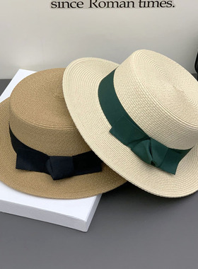 日系草帽女夏天复古平顶礼帽遮阳防晒沙滩帽子出游适合拍照渔夫帽