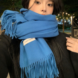 2025新款蓝色仿羊绒围巾女士冬季韩版加厚浅蓝色围脖百搭两用披肩