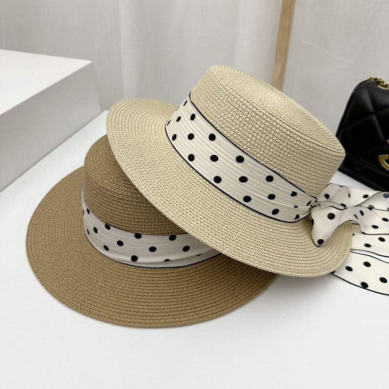 新款草帽夏季遮阳帽韩国波点长飘带平顶帽海边沙滩度假防晒太阳帽