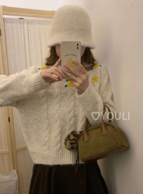 YOULI尤梨韩系复古花朵刺绣麻花宽松百搭加厚保暖圆领针织衫毛衣