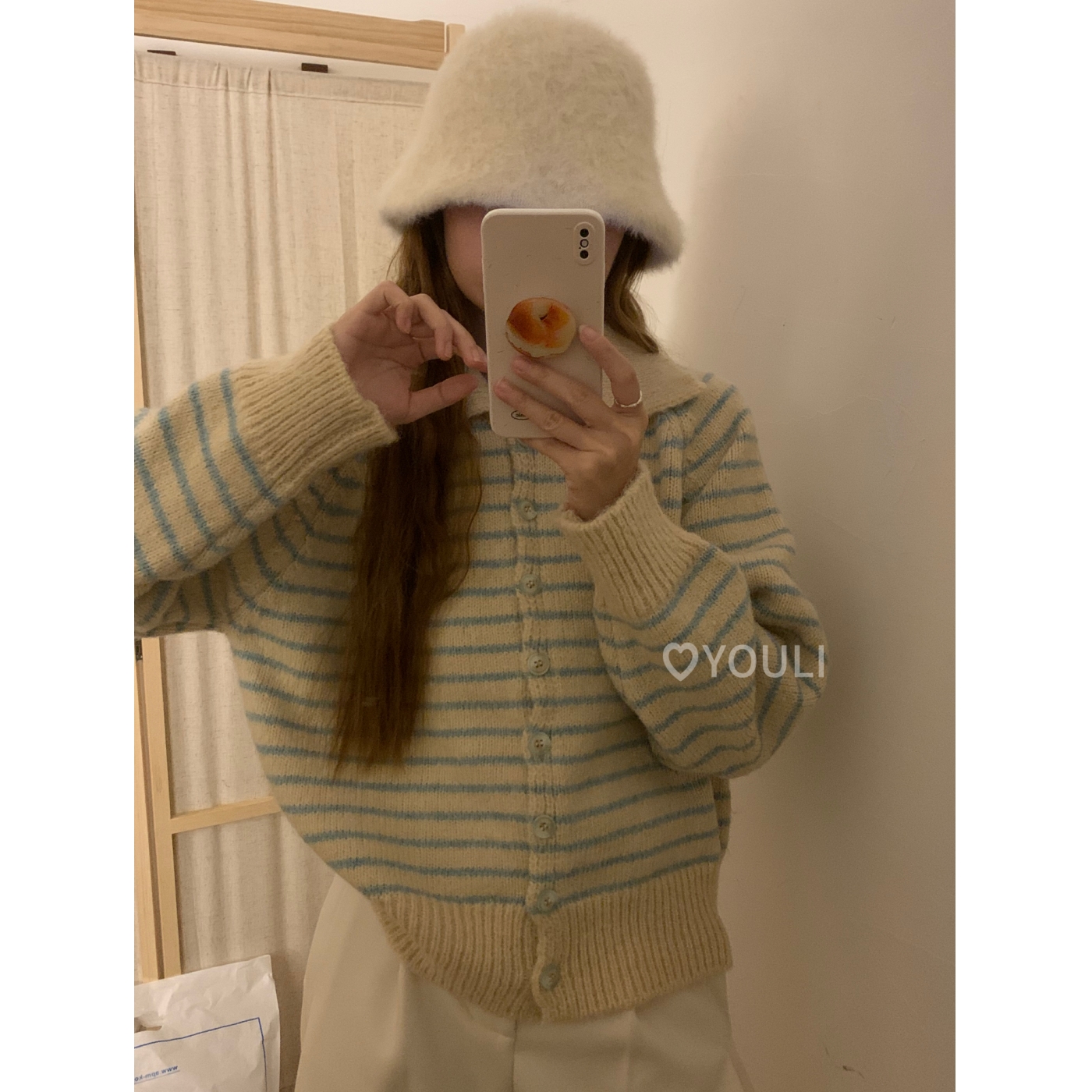 YOULI尤梨复古条纹针织衫女宽松慵懒风秋冬季毛衣翻领加厚外套