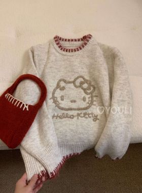 YOULI尤梨韩系卡通印花宽松套头毛衣女秋冬季针织衫