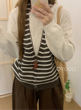 YOULI尤梨 韩系复古假两件设计感条纹针织马甲女宽松针织衫假两件