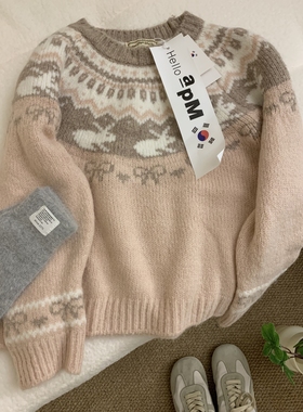 YOULI尤梨韩系复古费尔岛针织衫女宽松慵懒风套头提花图案毛衣