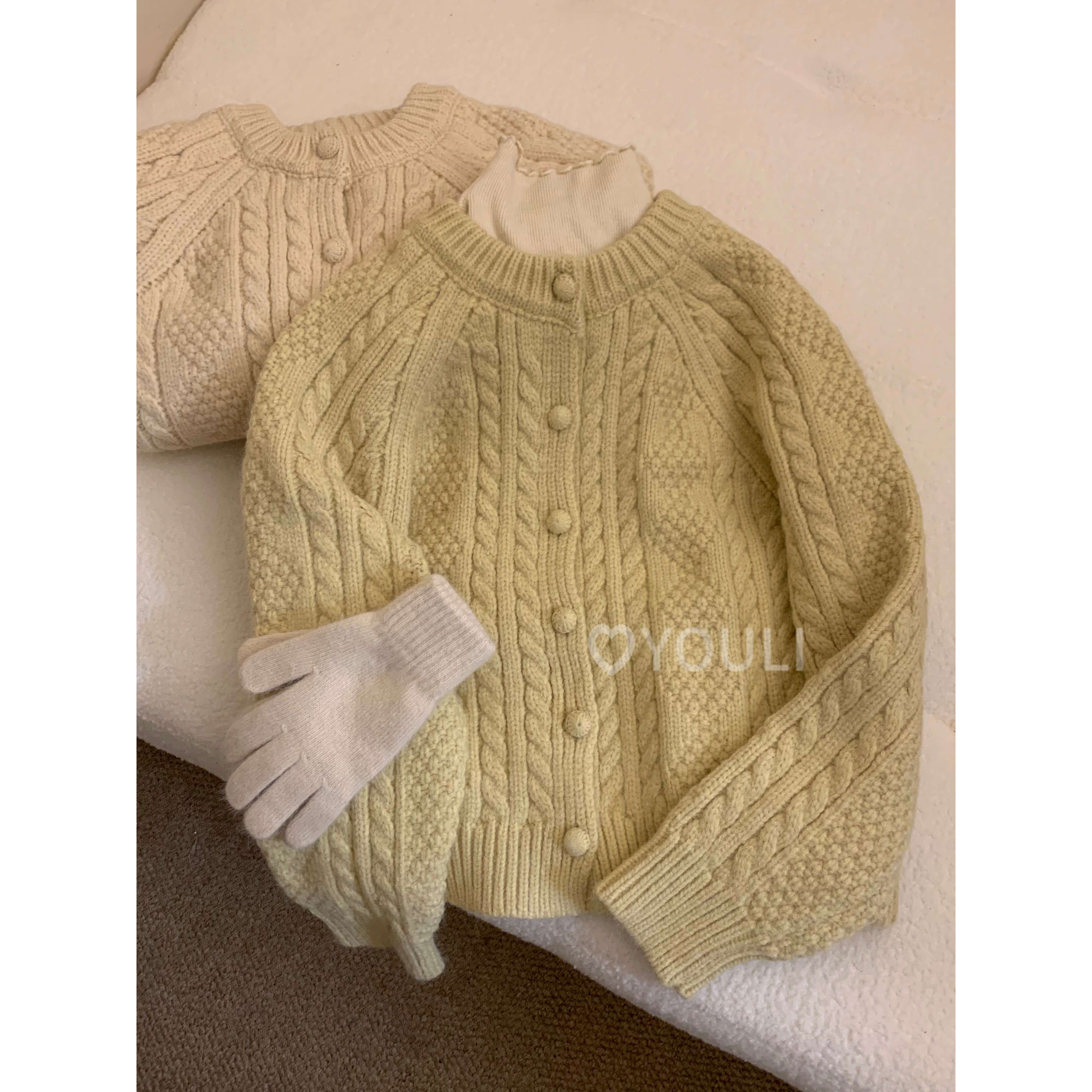 YOULI尤梨韩系复古麻花针织衫女宽松慵懒风圆领加厚保暖毛衣外套