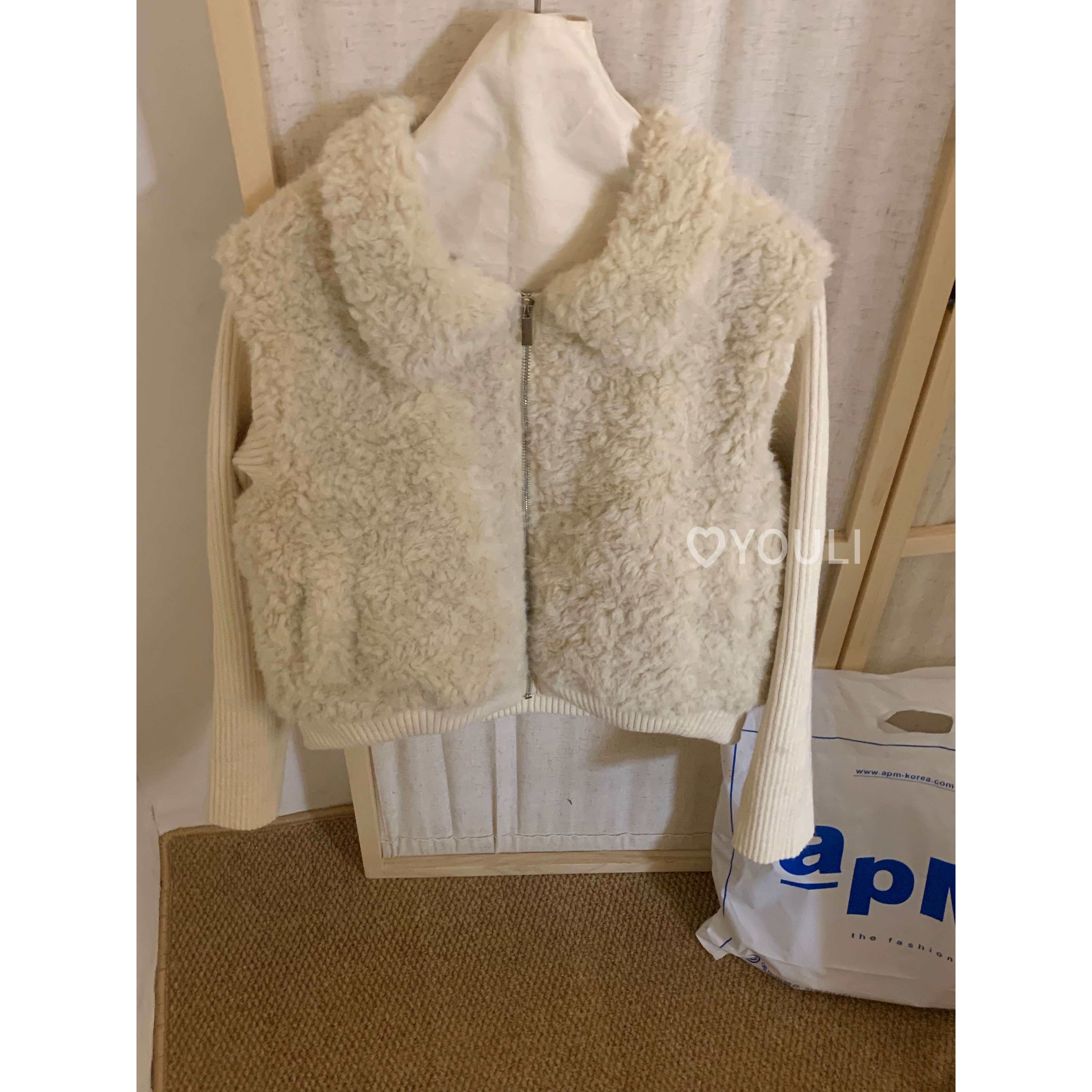 YOULI尤梨韩系复古针织拼接羊羔毛假两件外套慵懒风加厚保暖外套