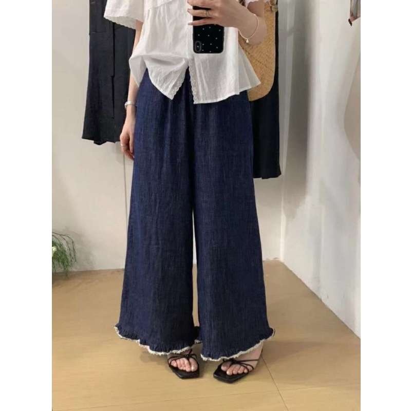 【尤梨】韩系复古花边拼接牛仔裤女夏季显瘦松紧腰阔腿休闲长裤