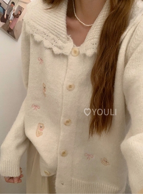 YOULI尤梨 韩系简约翻领刺绣图案针织开衫女小熊蝴蝶结毛衣针织衫