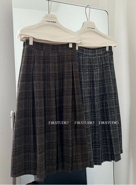 YOULI尤梨韩系复古格纹长裙女高腰A字伞裙显瘦学院风秋冬季百褶裙