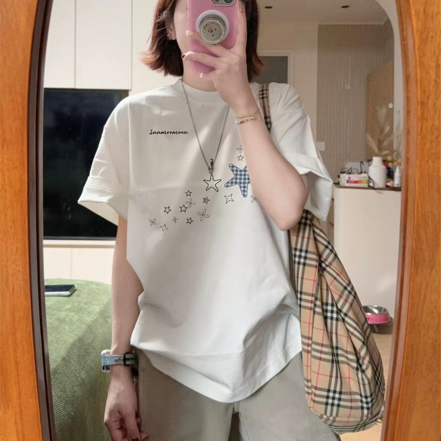 白色短袖t恤女大童初中高中夏季纯棉正肩美式设计感半袖宽松上衣