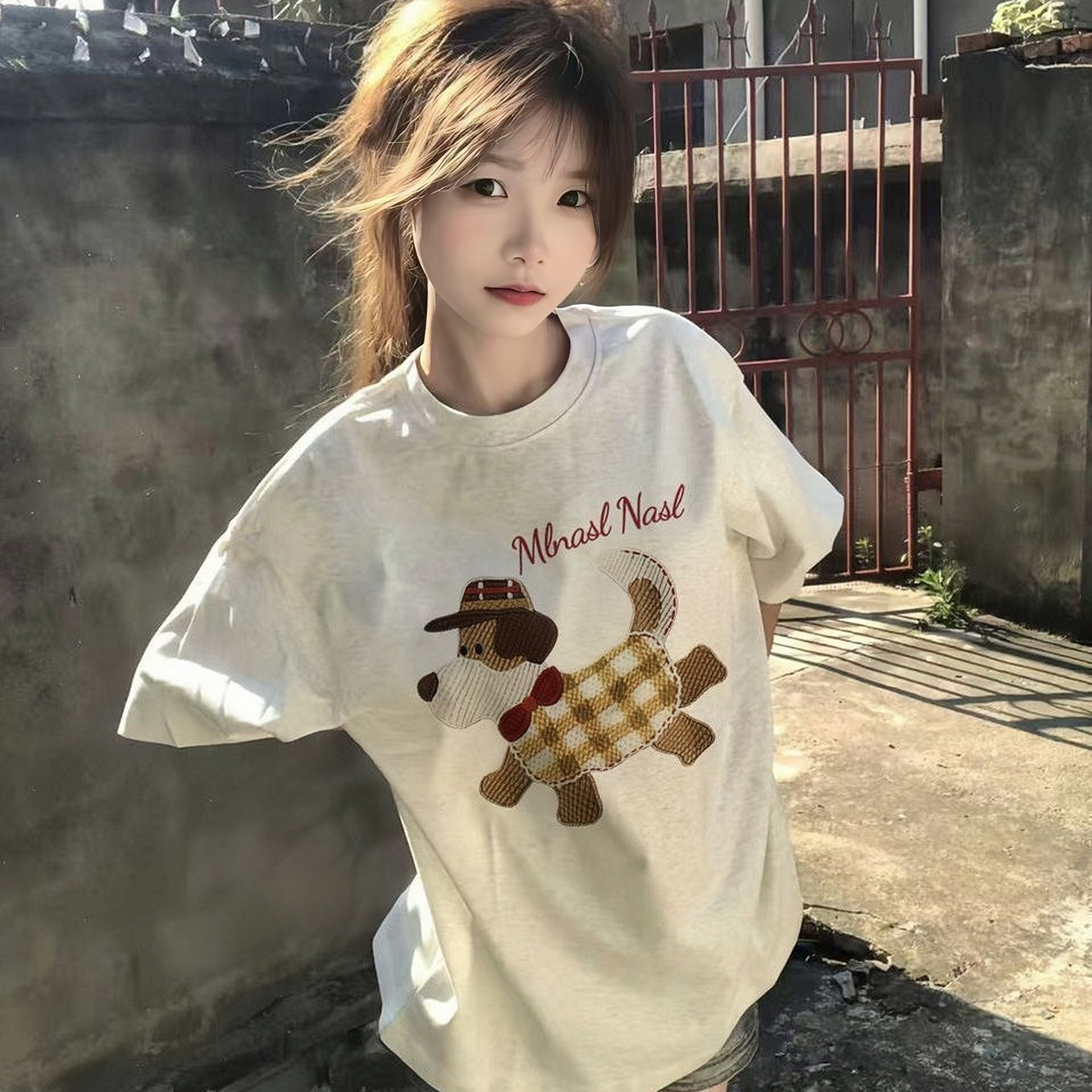美式灰色纯棉短袖t恤女大