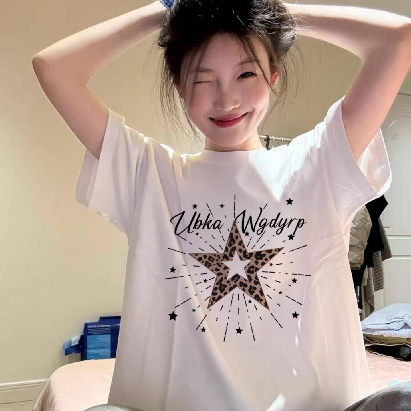 夏季白色美式纯棉女大童短袖T恤