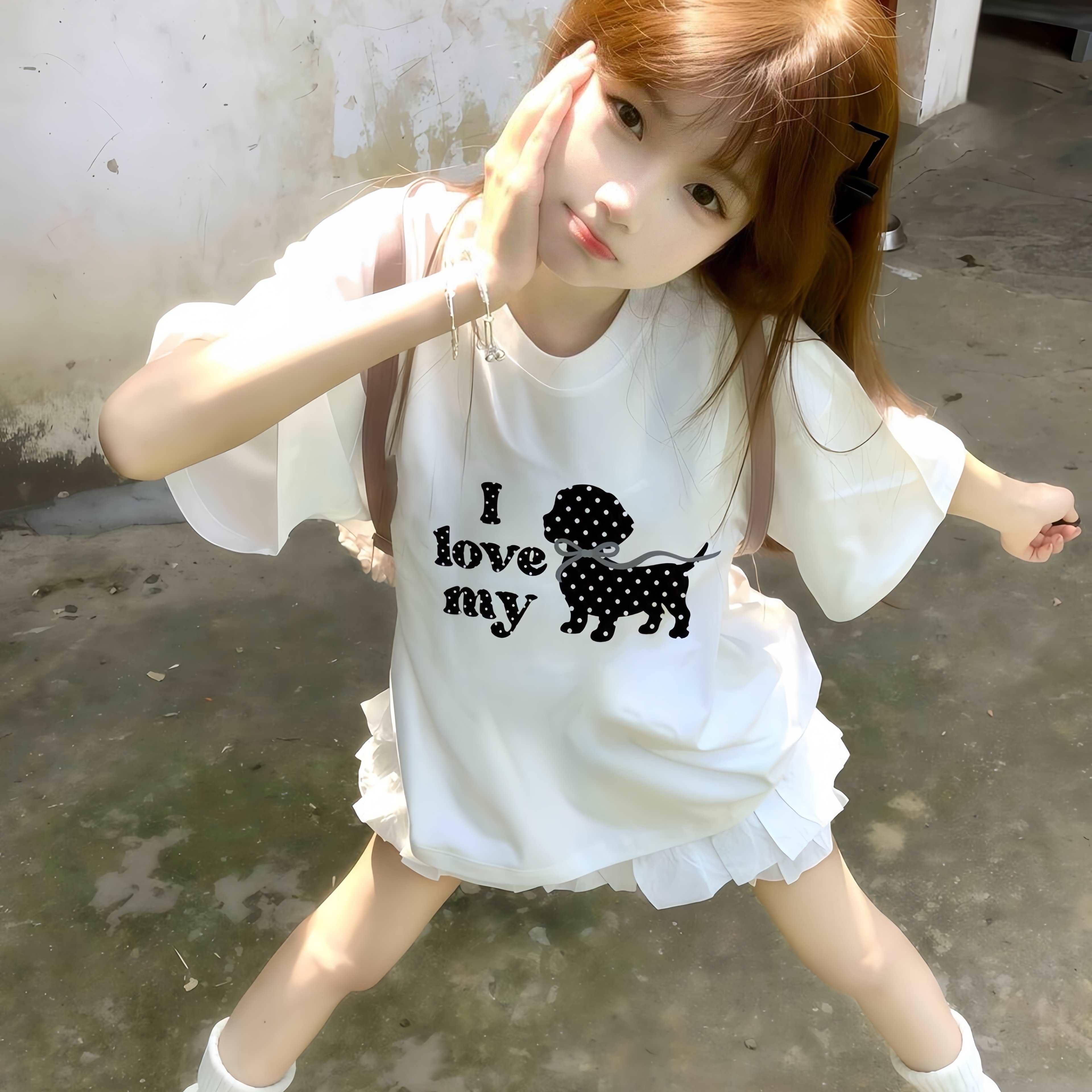 大童少女白色圆领短袖T恤