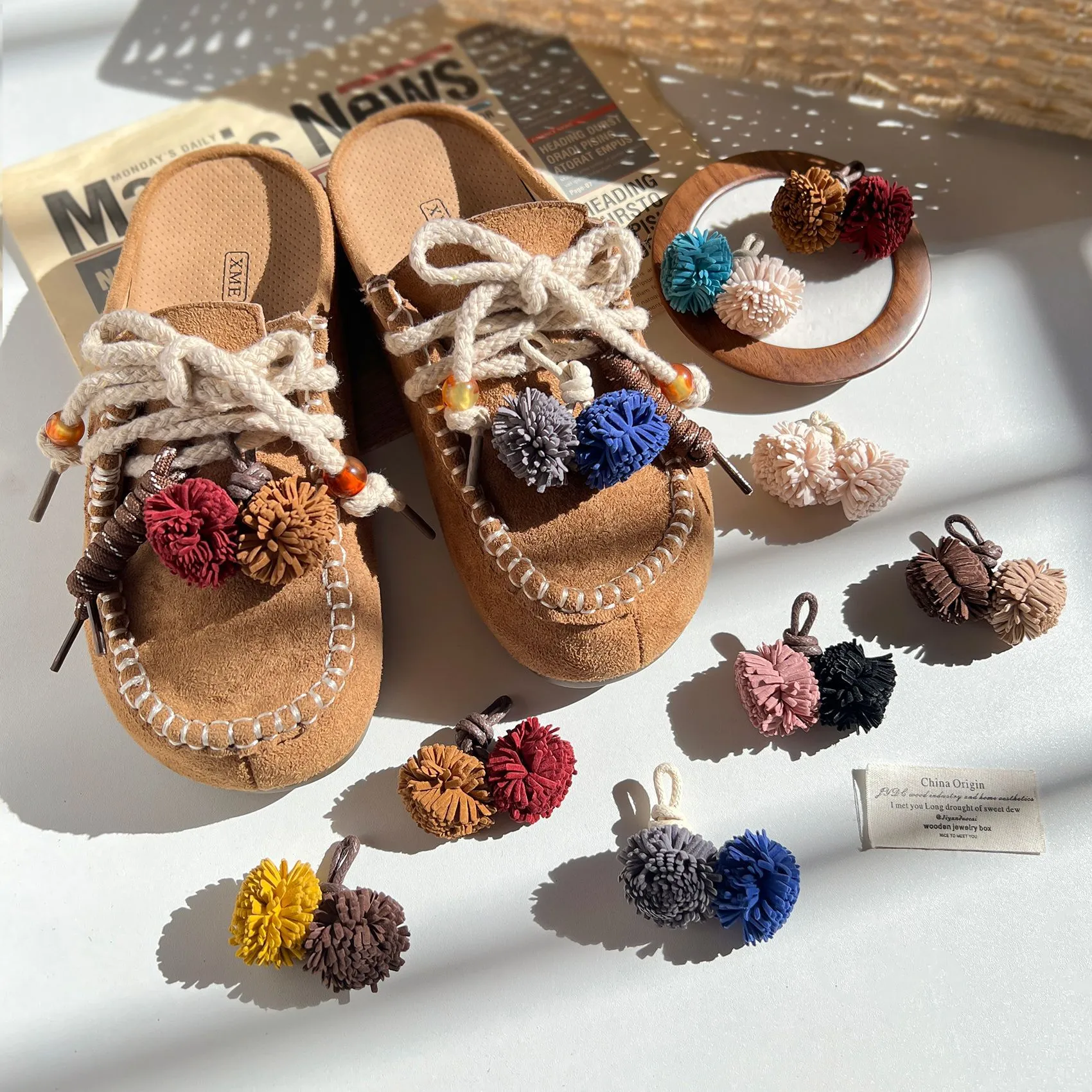 秋冬新款MIU系流苏花球高级感挂件鞋扣德训袋鼠鞋穆勒鞋DIY装饰扣