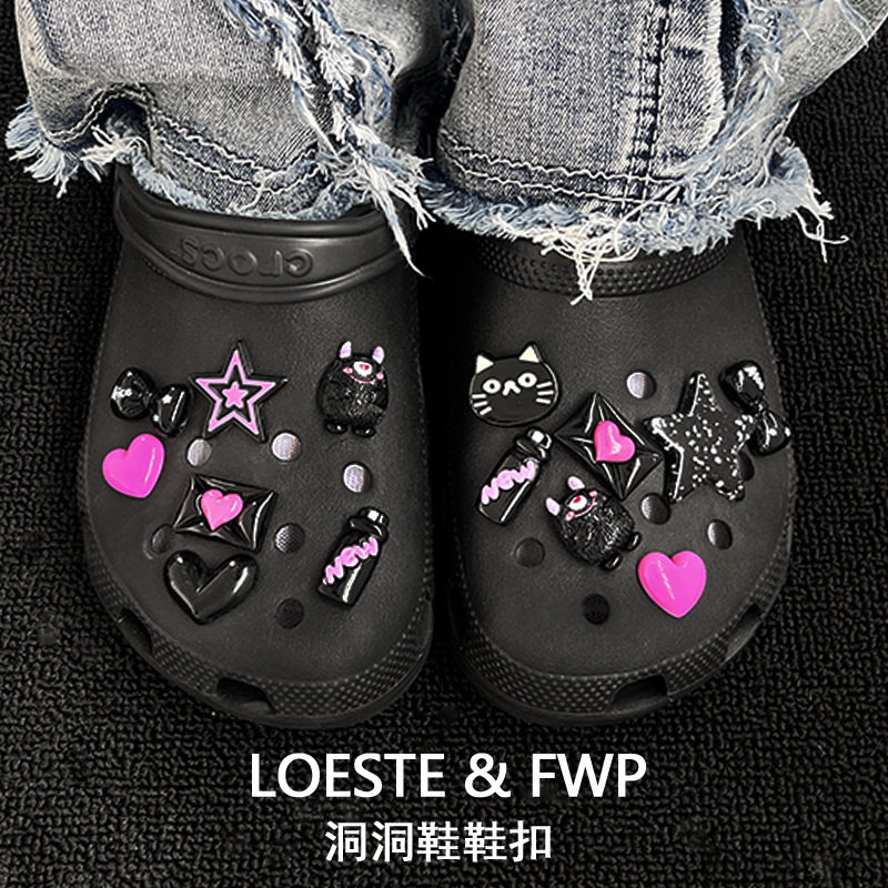粉墨甜心可爱洞洞鞋鞋花crocs鞋扣配饰diy暗黑芭比粉爱心猫小众