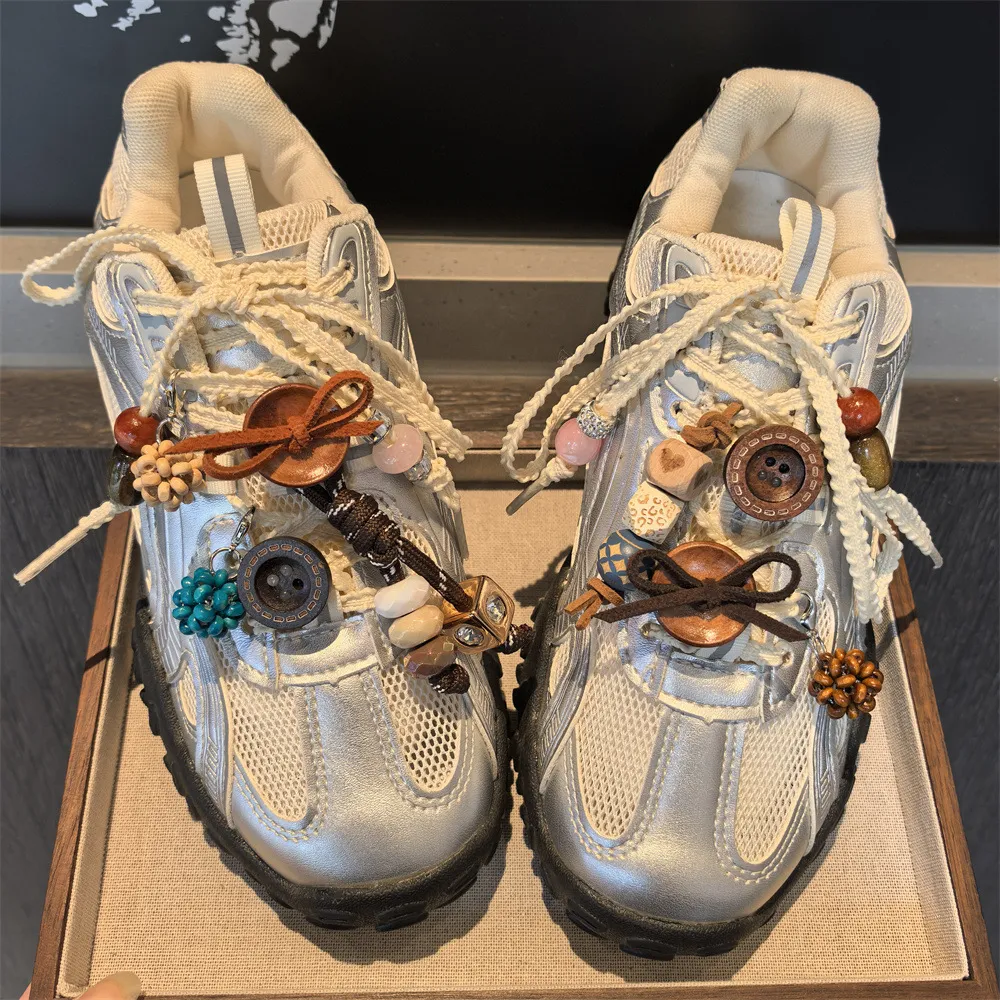 美拉德纽扣蝴蝶结鞋带扣水钻串珠粉色鞋子装饰大孔珠打结绳鞋花