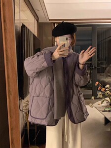 韩版紫色菱格夹棉外套女秋冬装大码宽松轻薄棉服设计感拼接棉衣潮