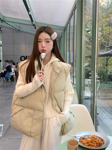 实拍 美式拉链连帽毛衣加厚短外套+宽松羽绒马甲面包服外套
