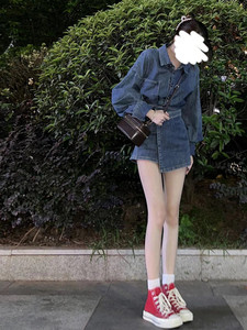 美式复古牛仔套装女秋季高腰裙裤外套时尚两件套