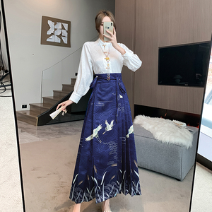 实拍 蓝色中国风汉服马面裙秋季女套装2023新款小个子上衣新中式