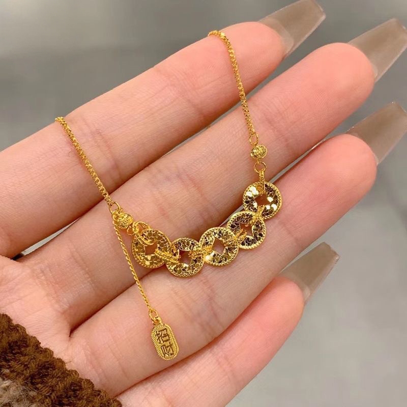 碎冰冰五帝钱铜钱项链女925纯银镀24k金色五福通宝新中式锁骨链潮