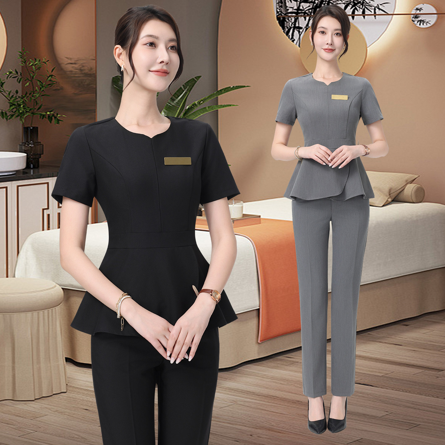 职业套装女短袖夏高端前台接待售楼部美容院珠宝店气质工作服修身
