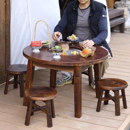 烧烤圆桌户外庭院炭烤桌实木烤肉桌商用围炉煮茶桌室内家用阳台