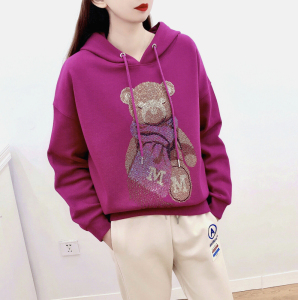 春秋款2023新款卫衣女纯棉火龙果色上衣连帽秋冬烫钻外套女款即墨
