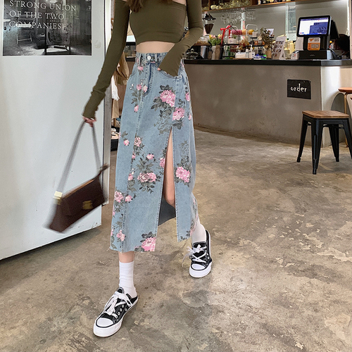 Side slit denim skirt for women spring and summer plus size fat mm high waist slim floral mid-length hip skirt