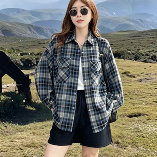 春秋新款美式复古风格纹长袖衬衫女宽松双口袋休闲上衣外套