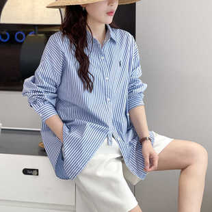 衬衫女上衣2024年新款通勤韩系早春穿搭简洁刺绣清新条纹棉质长袖