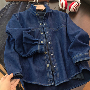 复古深蓝色牛仔加绒衬衫女长袖宽松休闲叠穿外套设计感