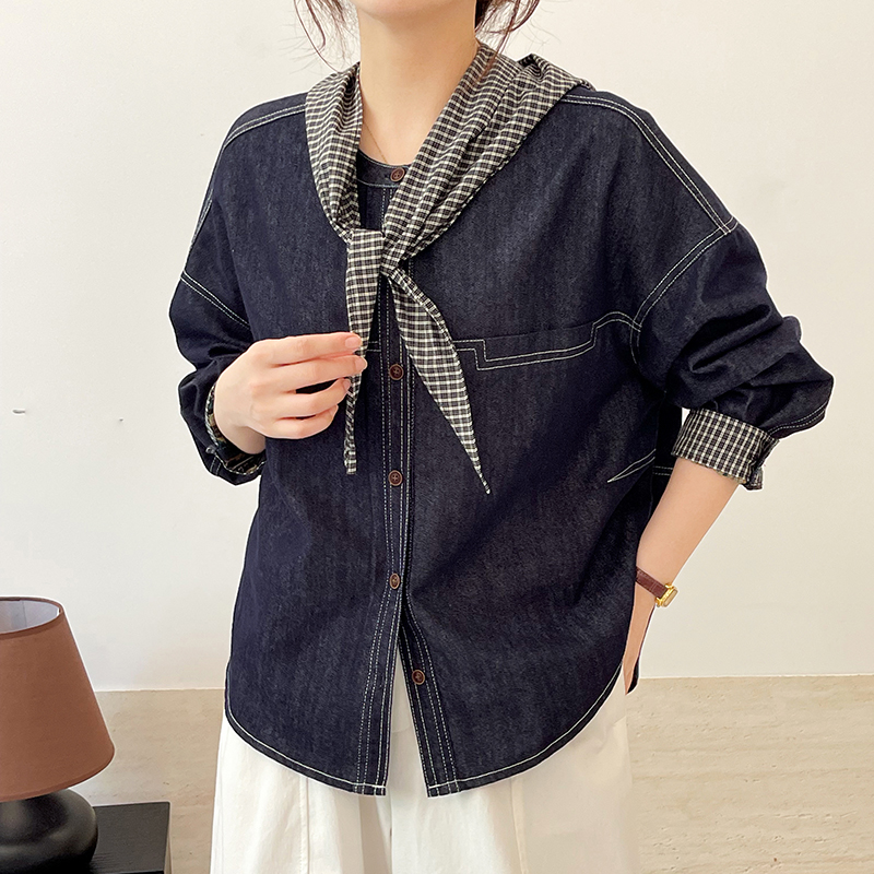 复古牛仔衬衫女长袖宽松衬衣