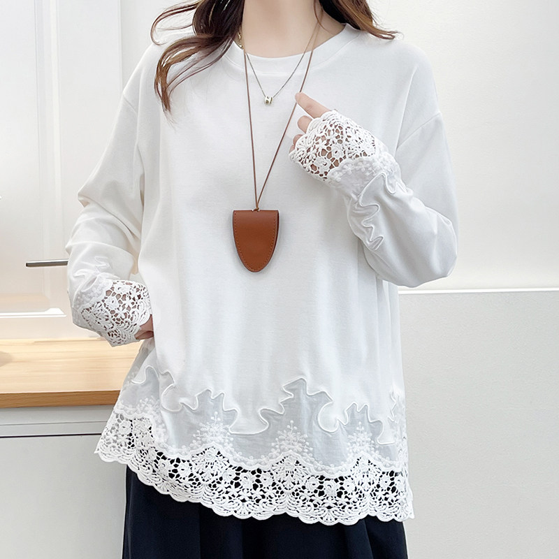 重工刺绣蕾丝拼接圆领长袖t恤女