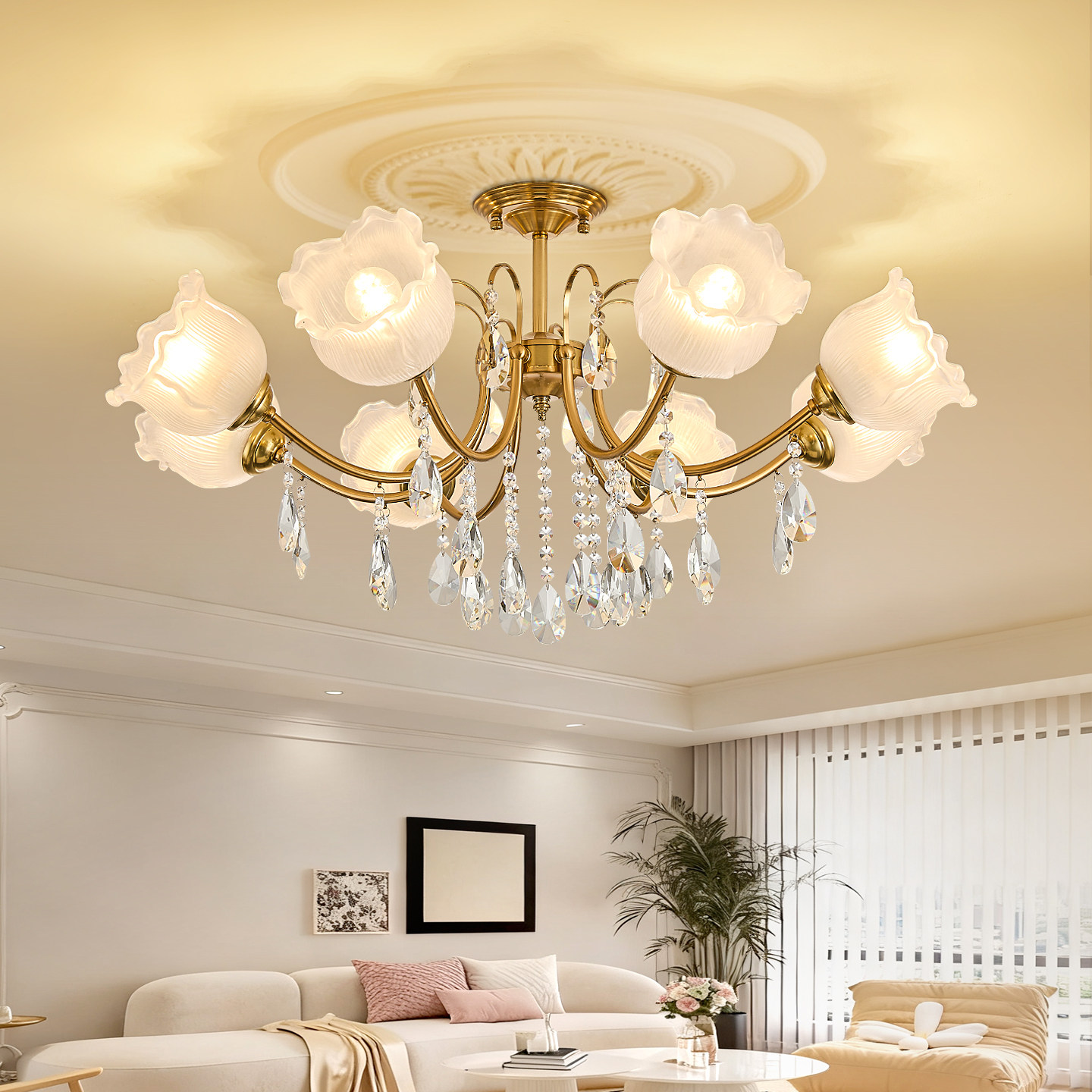 法式花朵水晶简约大气客厅餐厅美式简约温馨卧室6头8头中山灯具,家装灯饰光源,客厅吊灯,淘宝优惠券,粉丝福利购,淘宝优惠卷