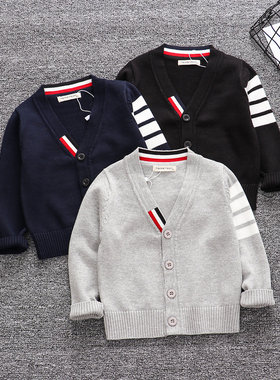 ins童装2021春新品韩版条纹杠条长袖V领开衫针织毛衣纯棉毛衣