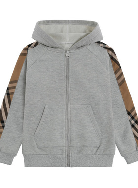 春秋新款2025英伦风儿童宝宝格子长袖连帽运动纯棉毛圈卫衣外套