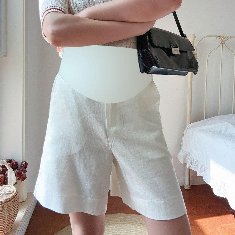 棉麻孕妇裤夏季薄款托腹休闲中裤通勤气质高腰托腹短裤白色阔腿裤