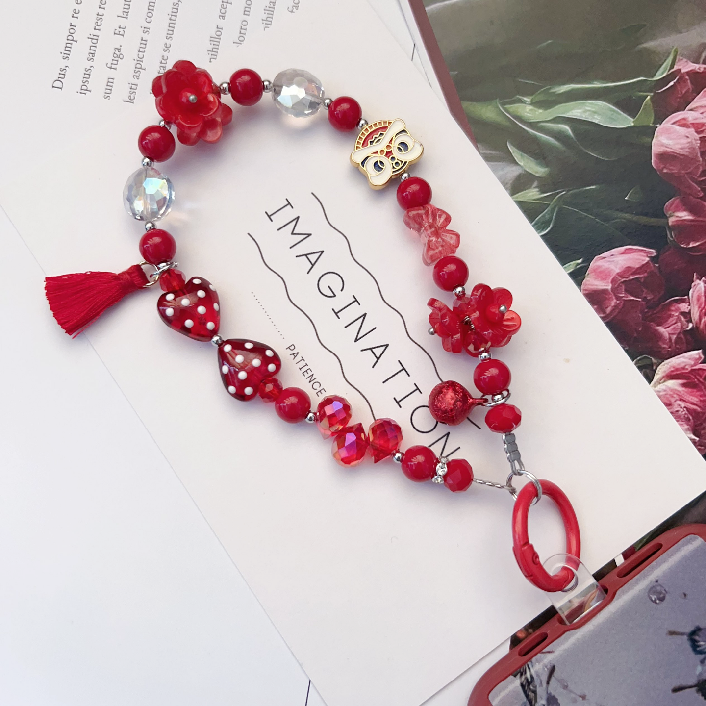 水晶手机链红色多元素串珠挂绳