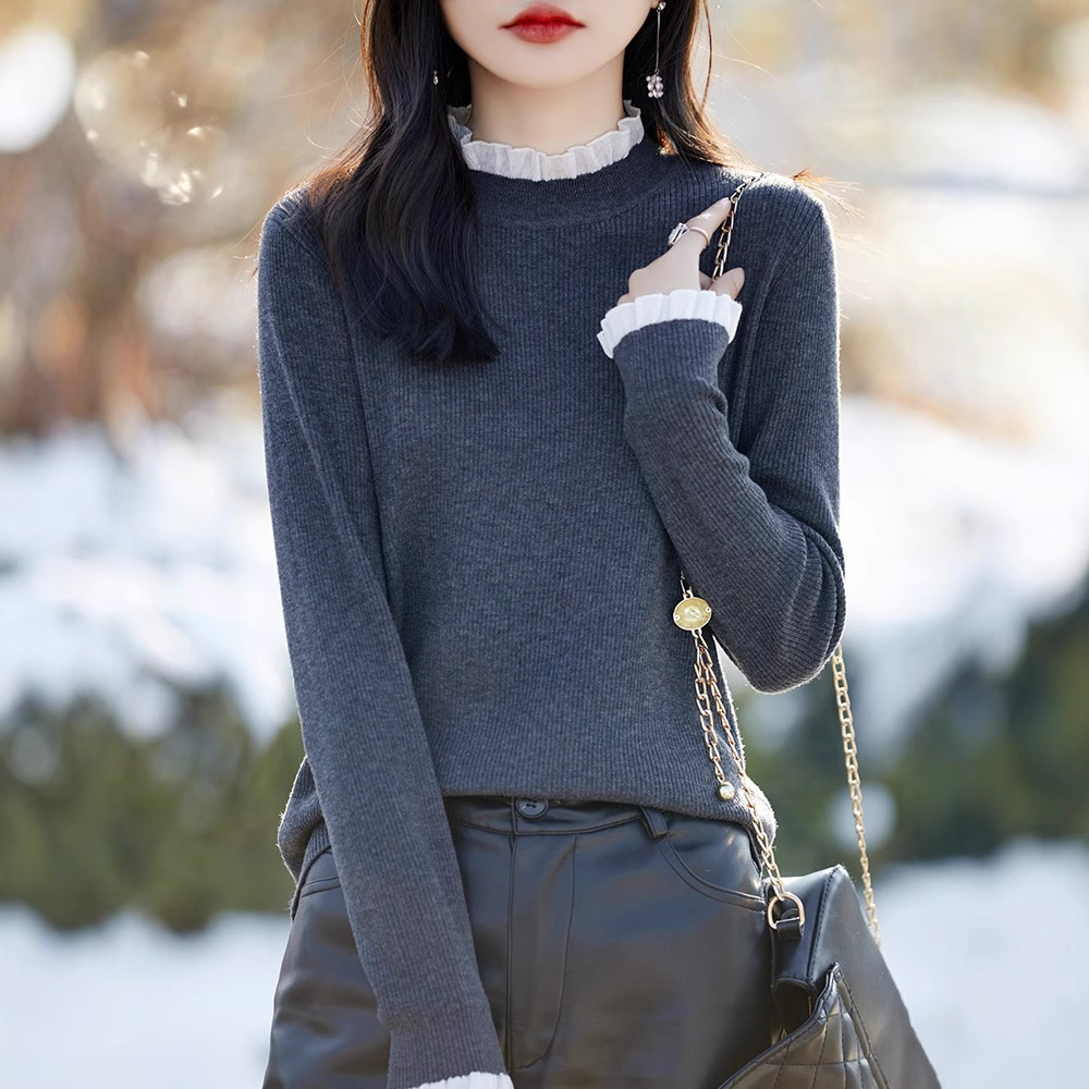 2025春款新款木耳边蕾丝针织衫女半高领纯色显瘦套头毛衣打底衫女