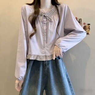 胖MM2026早春新款韩系甜美格纹拼接系带圆领设计正肩长袖小衫