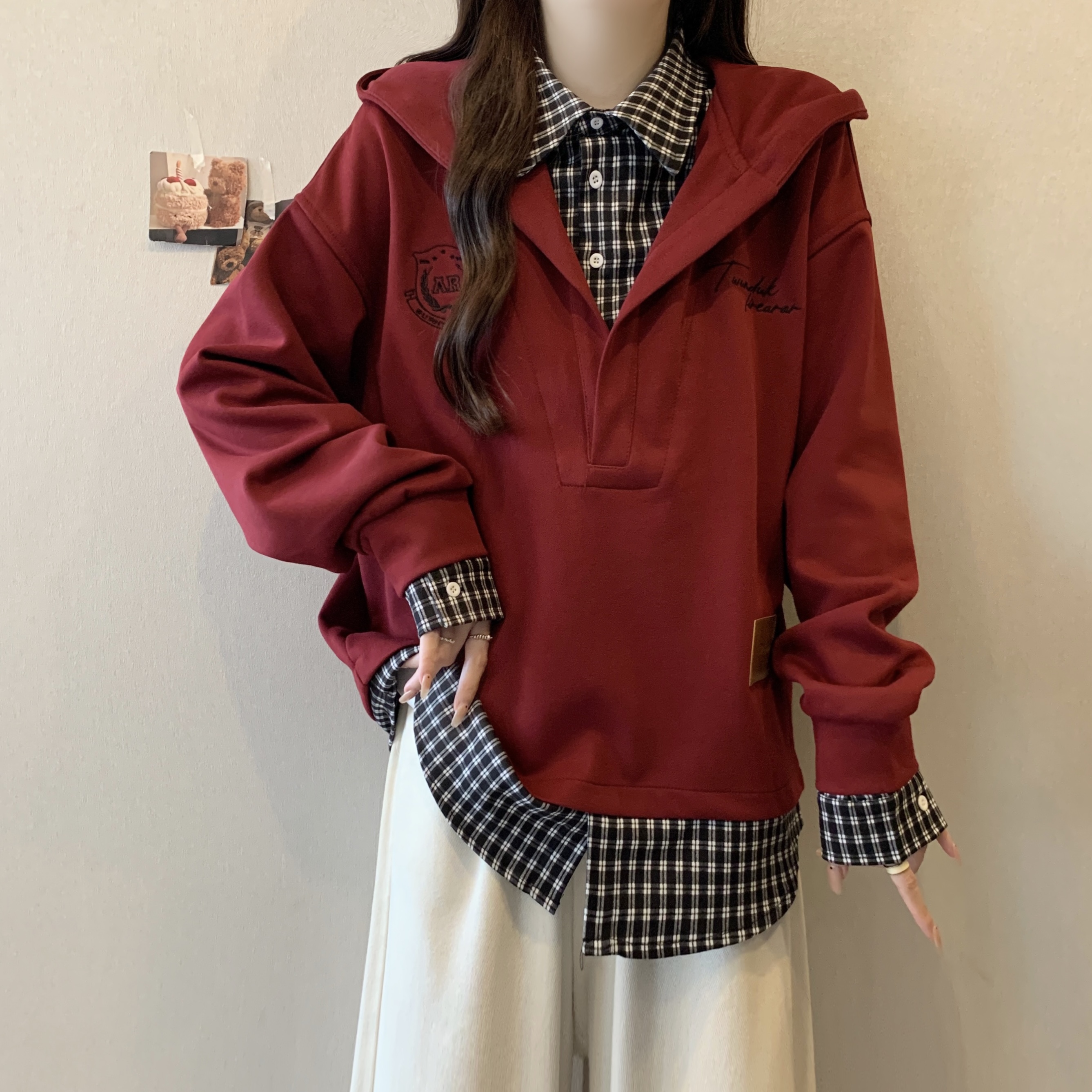 大码女装假两件连帽衬衫卫衣
