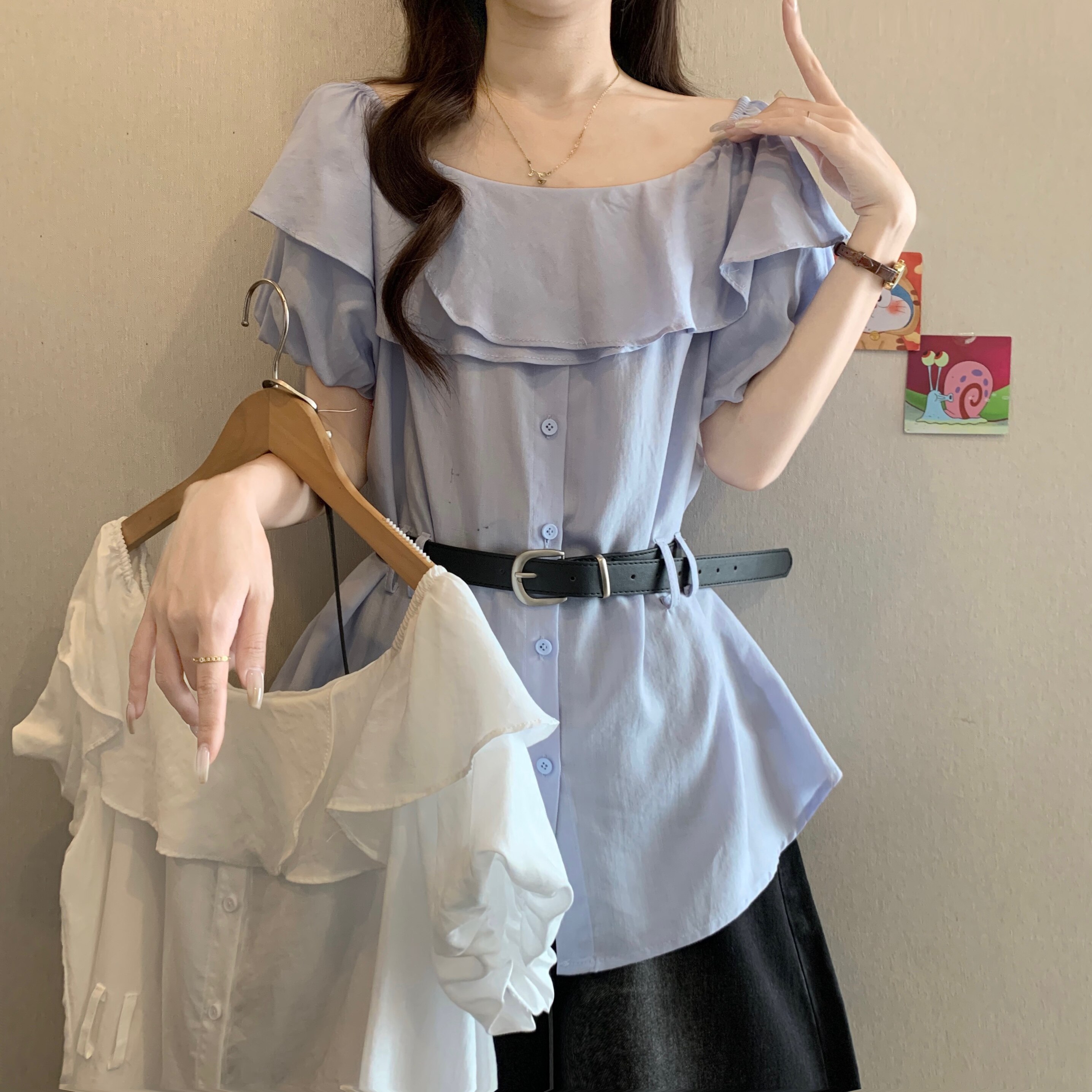大码女装法式荷叶边U领气质休闲衬衫胖妹妹上衣遮肚高级短袖