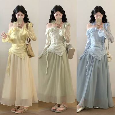 春夏大码一字领花朵两件套