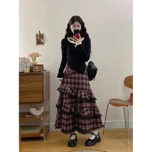 糖果儿大码 内搭加绒针织上衣格纹花边半裙 女装 撩心蝴蝶收腰打底衫
