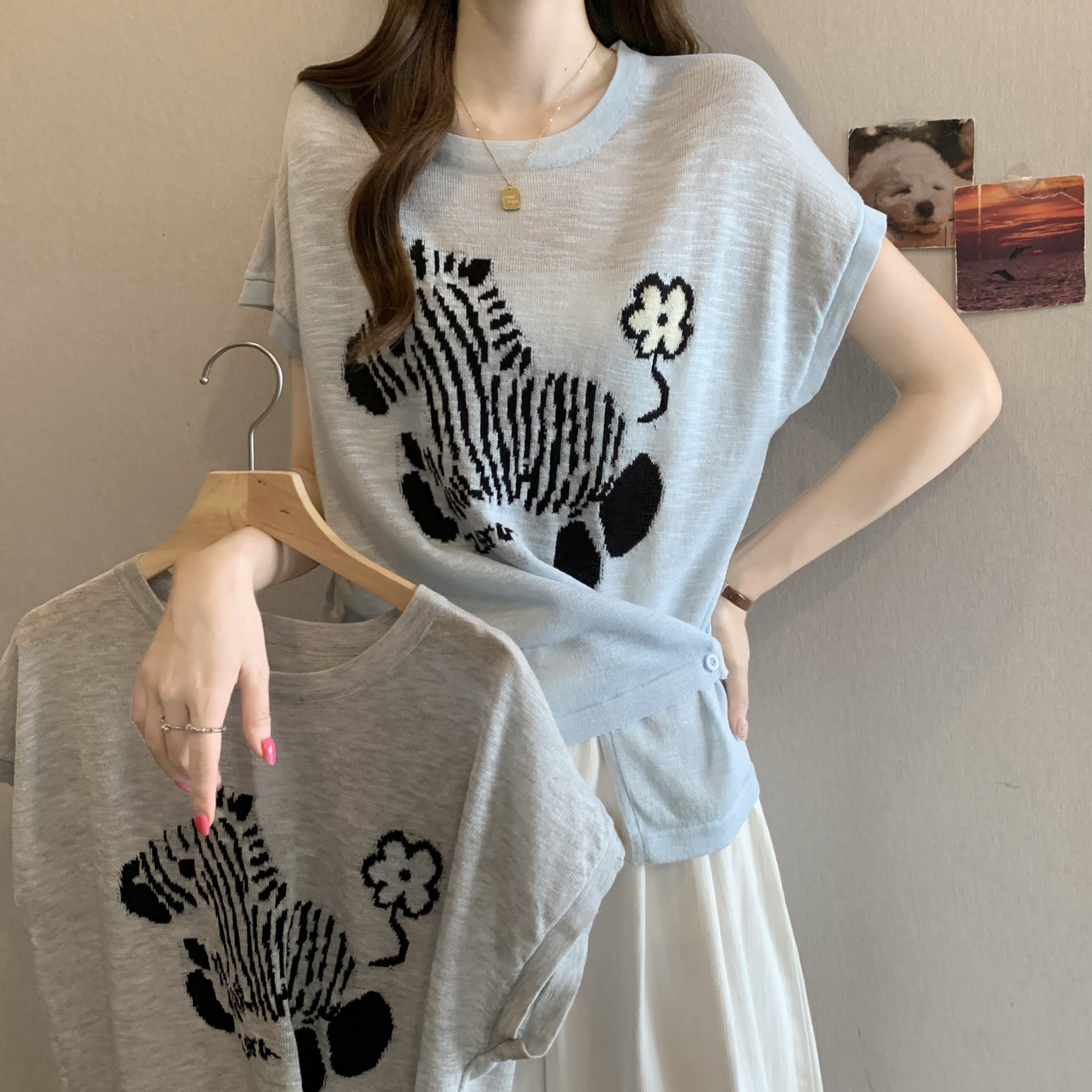 大码女装韩版卡通小马冰丝休闲针织衫胖妹妹收腰别致短袖上衣