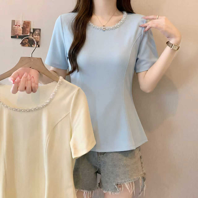 2026夏装新款胖mm大码女韩系重工钉珠U领修身显瘦短袖T恤